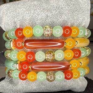 Multicolor Beaded Stretch Bracelet Set - Green, Orange & Yellow